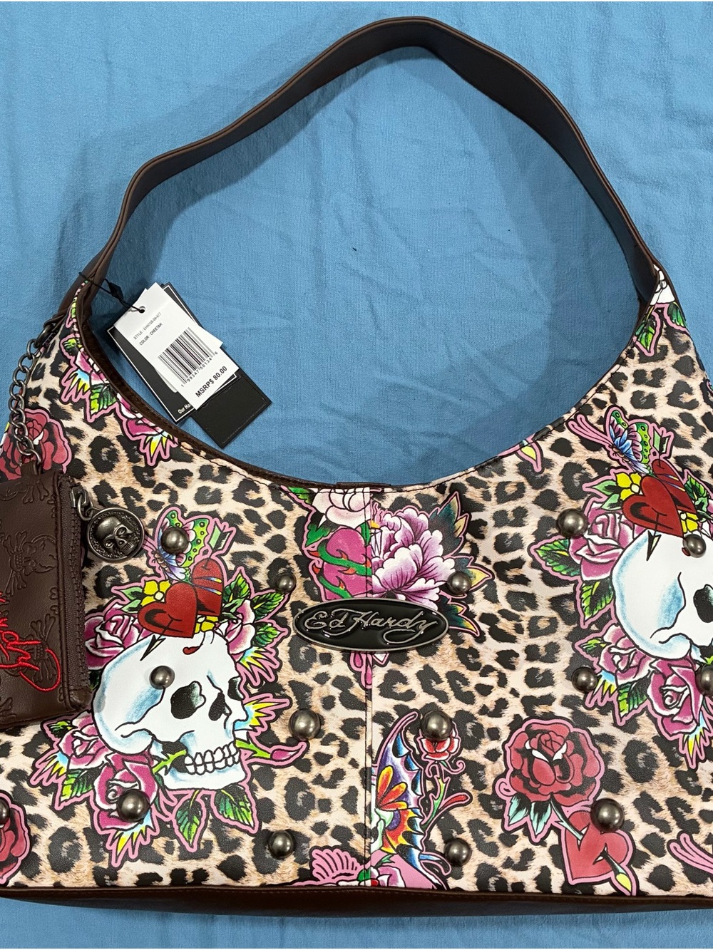 Ed Hardy Pink, Cream & Green Leopard Skull Floral Shoulder Bag